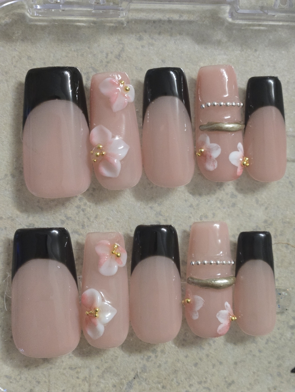 Nude Pink Black French Tip Press-On Nails w/ Floral Accents, Medium Length Squar